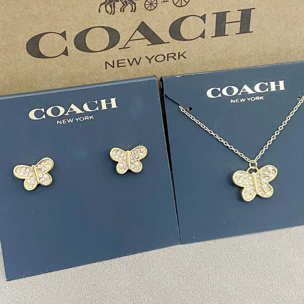 Coach Butterfly Full Diamond Small Pearl Earrings Necklace Set